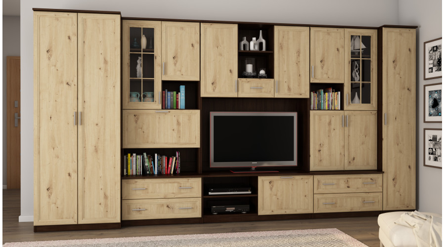 Sieninė spintelė su baru ir spinta, televizorius 400 × 210 cm, Sonoma Ciemna / Dąb Artisan – CYKLON — изображение 2