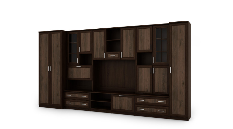 Sieninė spintelė su baru ir spinta, televizorius 400 × 210 cm, Sonoma Ciemna / Orzech Okapi – CYKLON