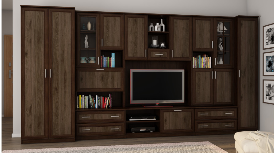 Sieninė spintelė su baru ir spinta, televizorius 400 × 210 cm, Sonoma Ciemna / Orzech Okapi – CYKLON — изображение 2