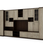 Sieninė spintelė su baru ir spinta, televizorius 400 × 210 cm Sonoma Ciemna / Sonoma Jasna – CYKLON