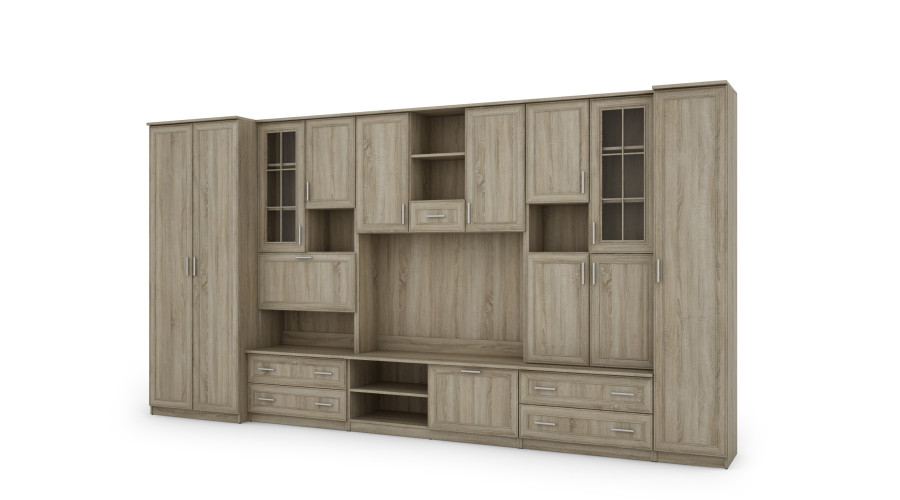 Sieninė spintelė su baru ir spinta, televizorius 400 × 210 cm, Sonoma Jasna / Dąb Lefkas – CYKLON