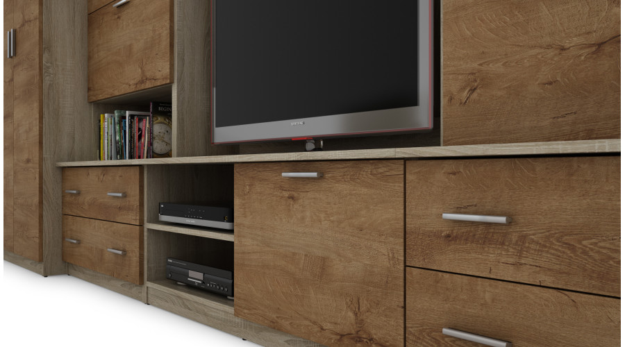 Sieninė spintelė su baru ir spinta, televizorius 400 × 210 cm, Sonoma Jasna / Dąb Lefkas – CYKLON — изображение 5