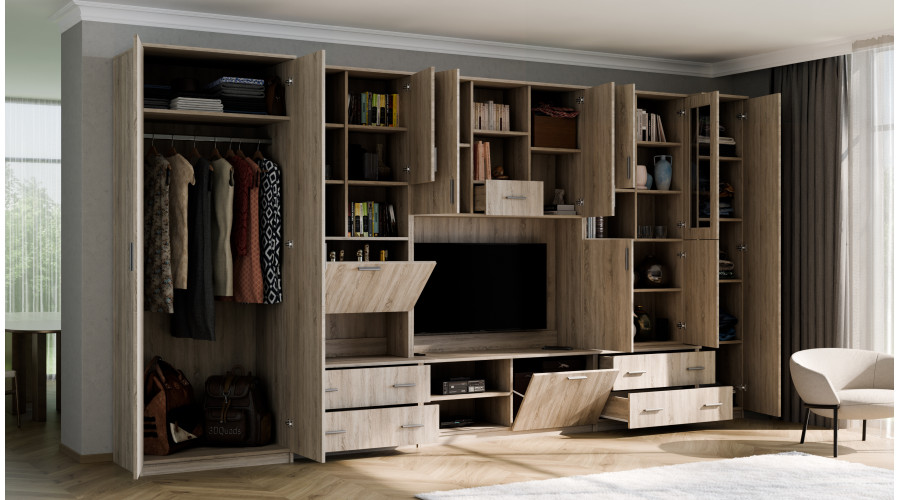 Sieninė spintelė su baru ir spinta, televizorius 400 × 210 cm, Sonoma Jasna / Dąb Lefkas – CYKLON — изображение 6