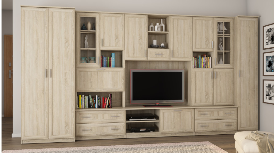 Sieninė spintelė su baru ir spinta, televizorius 400 × 210 cm, Sonoma Jasna / Dąb Lefkas – CYKLON — изображение 2