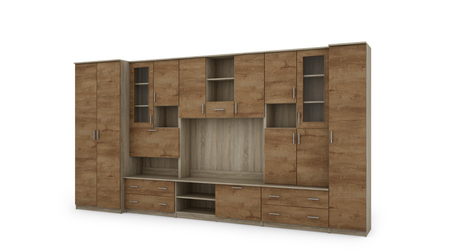 Sieninė spintelė su baru ir spinta, televizorius 400 × 210 cm, Sonoma Jasna / Dąb Lefkas – CYKLON