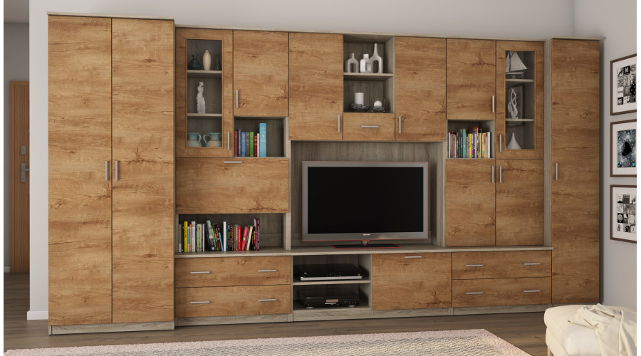 Sieninė spintelė su baru ir spinta, televizorius 400 × 210 cm, Sonoma Jasna / Dąb Lefkas – CYKLON — изображение 2