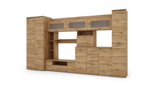 Sieninė spintelė su komoda, strypais ir spinta 360 × 200 cm, Dąb Wotan – KENA