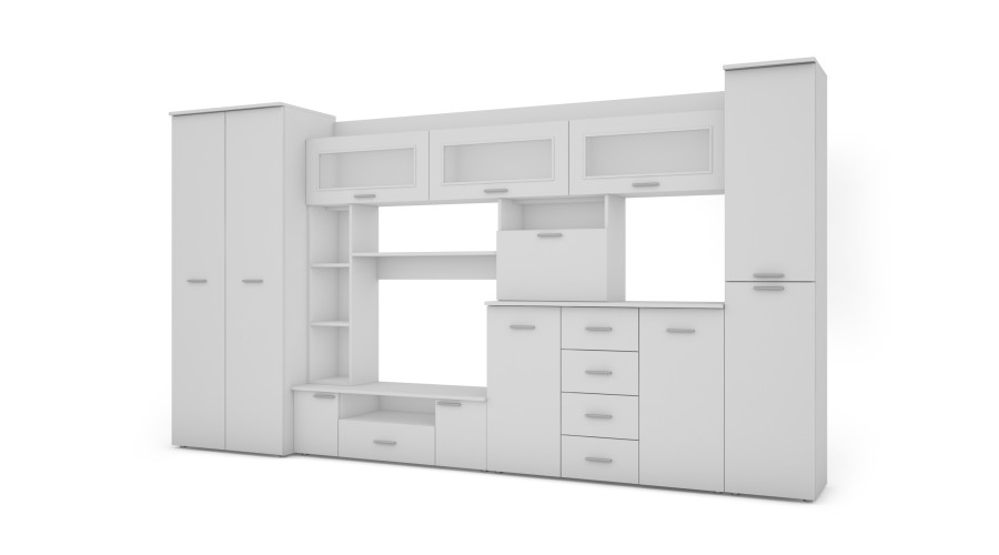 Sieninė spintelė su komoda, strypais ir spinta, 360 × 200 cm, Biel – KENA