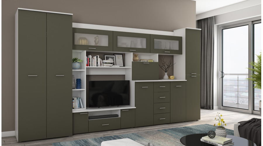 Sieninė spintelė su komoda, strypais ir spinta 360 × 200 cm Biel / Szary Grafit – KENA - Paveikslėlis 2