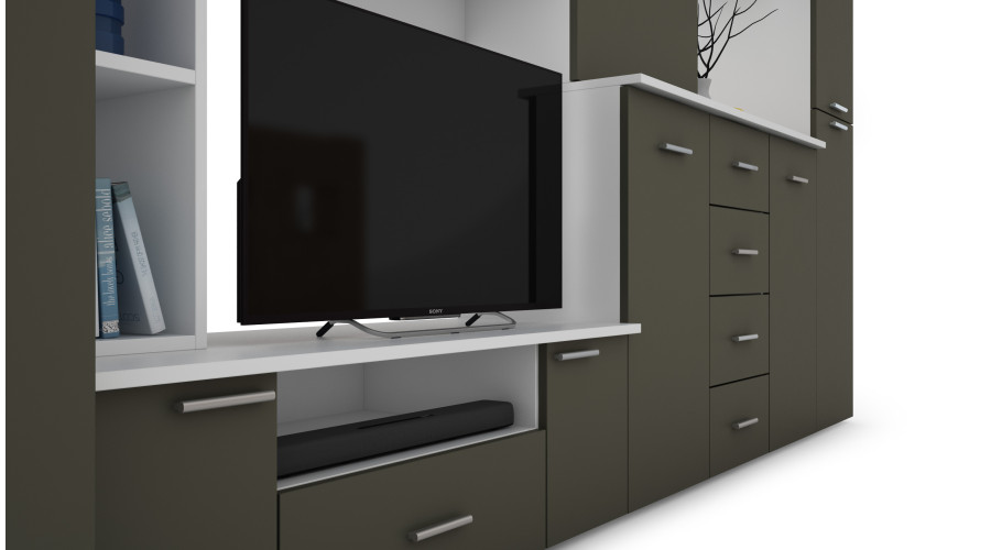 Sieninė spintelė su komoda, strypais ir spinta 360 × 200 cm Biel / Szary Grafit – KENA - Paveikslėlis 4