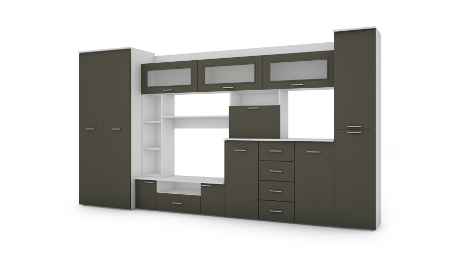 Sieninė spintelė su komoda, strypais ir spinta 360 × 200 cm Biel / Szary Grafit – KENA