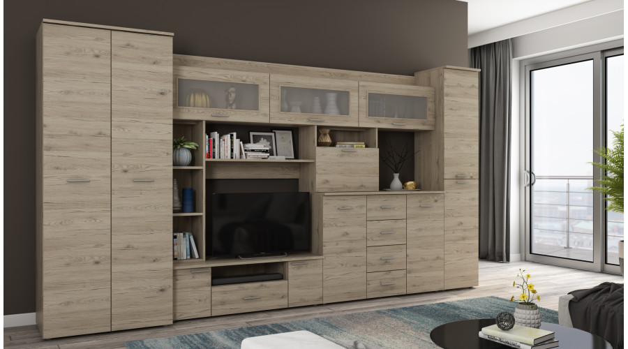 Sieninė spintelė su komoda, strypais ir spinta 360 × 200 cm, Dąb Bordeaux – KENA - Paveikslėlis 2