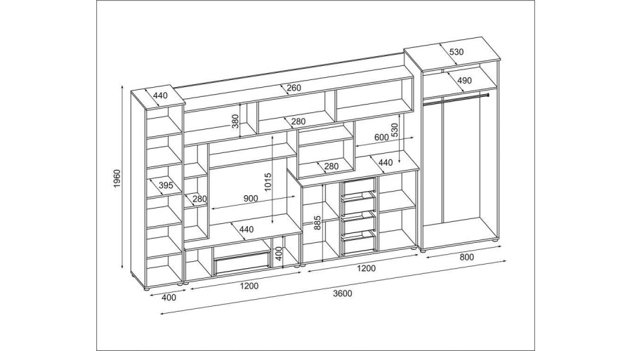 Sieninė spintelė su komoda, strypais ir spinta 360 × 200 cm, Dąb Bordeaux – KENA - Paveikslėlis 5