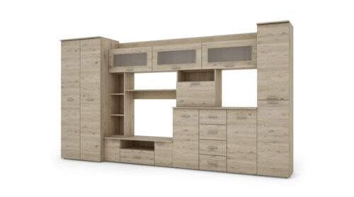 Sieninė spintelė su komoda, strypais ir spinta 360 × 200 cm, Dąb Bordeaux – KENA