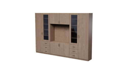Sieninė spintelė su televizoriaus erdve, spintomis ir vitrinomis 320 × 220 cm, „Baltic Dune Oak“ – LIVIO