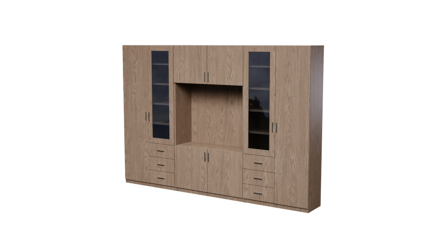 Sieninė spintelė su televizoriaus erdve, spintomis ir vitrinomis 320 × 220 cm, „Baltic Dune Oak“ – LIVIO