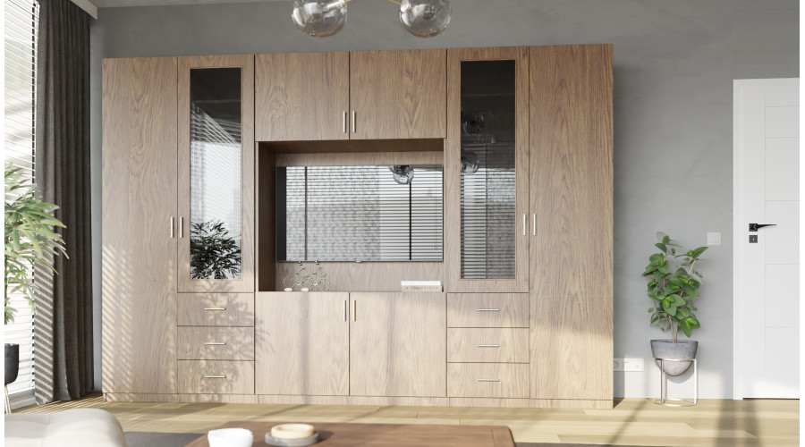 Sieninė spintelė su televizoriaus erdve, spintomis ir vitrinomis 320 × 220 cm, „Baltic Dune Oak“ – LIVIO — изображение 2