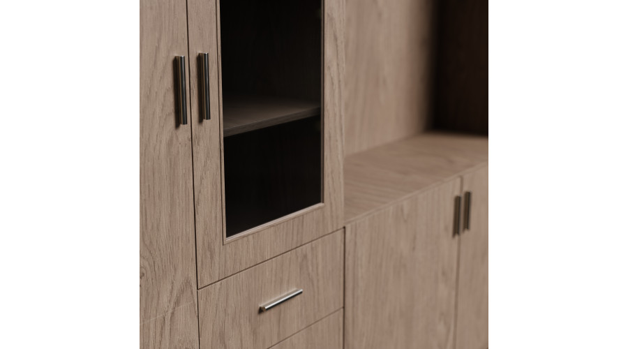 Sieninė spintelė su televizoriaus erdve, spintomis ir vitrinomis 320 × 220 cm, „Baltic Dune Oak“ – LIVIO — изображение 4