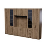 Sieninė spintelė su televizoriaus erdve, spintomis ir vitrinomis 320 × 220 cm, „Carpenter“ viskio ąžuolo spalvos – LIVIO