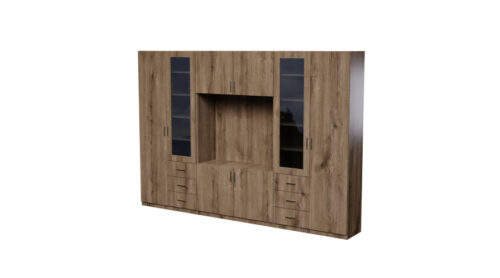Sieninė spintelė su televizoriaus erdve, spintomis ir vitrinomis 320 × 220 cm, „Carpenter“ viskio ąžuolo spalvos – LIVIO