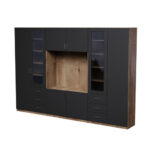 Sieninė spintelė su televizoriaus erdve, spintomis ir vitrinomis 320 × 220 cm Lefkas ąžuolas / juodas oniksas – LIVIO