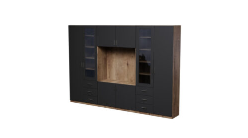 Sieninė spintelė su televizoriaus erdve, spintomis ir vitrinomis 320 × 220 cm Lefkas ąžuolas / juodas oniksas – LIVIO