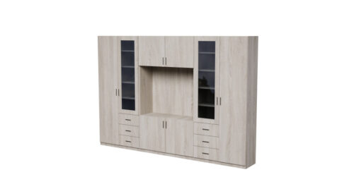 Sieninė spintelė su televizoriaus erdve, spintomis ir vitrinomis, 320 × 220 cm, šviesus Sonoma ąžuolas – LIVIO