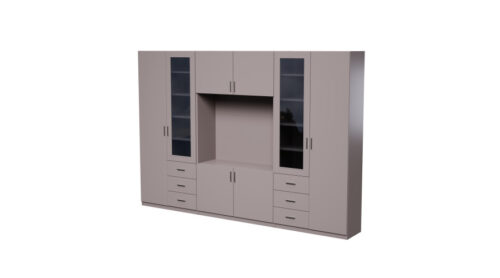 Sieninė spintelė su televizoriaus erdve, spintomis ir vitrinomis 320 × 220 cm sepija – LIVIO