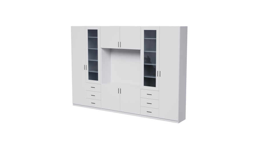 Sieninė spintelė su vieta televizoriui, spintoms ir vitrinoms 303 × 240 cm „Snieguolė“ – LIVIO