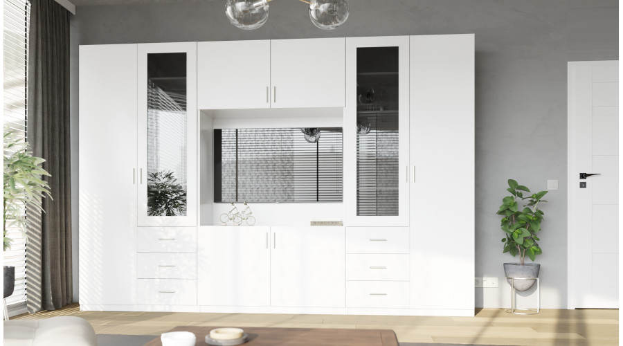 Sieninė spintelė su vieta televizoriui, spintoms ir vitrinoms 303 × 240 cm „Snieguolė“ – LIVIO — изображение 2