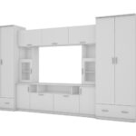 Sieninė spintelė su praplatinimais, didelėmis spintomis ir vieta televizoriui 370 × 210 cm, Biel – TAIGA