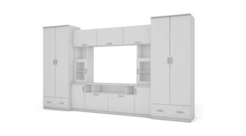 Sieninė spintelė su praplatinimais, didelėmis spintomis ir vieta televizoriui 370 × 210 cm, Biel – TAIGA