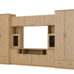 Sieninė spintelė su praplatinimais, didelėmis spintomis ir vieta televizoriui 370 × 210 cm, Dąb Dziki – TAIGA