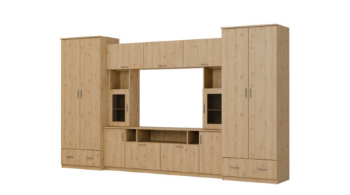 Sieninė spintelė su praplatinimais, didelėmis spintomis ir vieta televizoriui 370 × 210 cm, Dąb Dziki – TAIGA