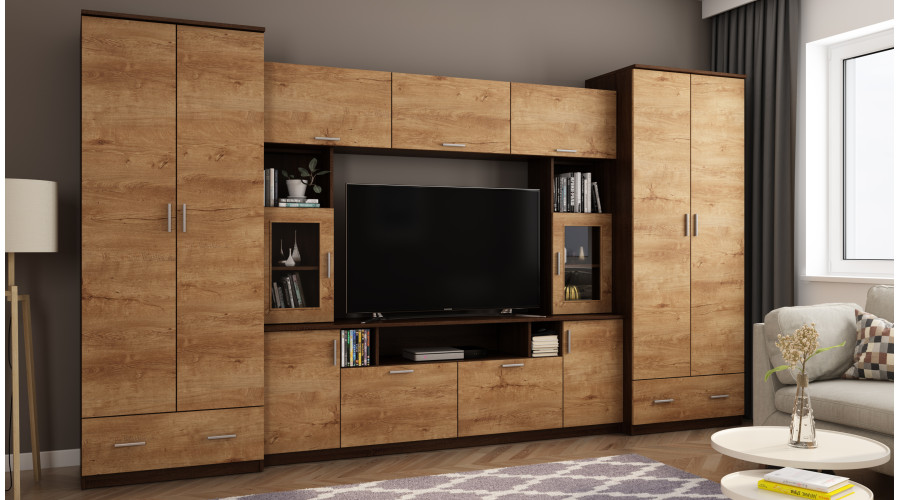 Sieninė spintelė su praplatinimais, didelėmis spintomis ir vieta televizoriui 370 × 210 cm Sonoma Ciemna / Dąb Lefkas – TAIGA - Paveikslėlis 2