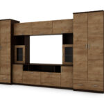 Sieninė spintelė su praplatinimais, didelėmis spintomis ir vieta televizoriui 370 × 210 cm Sonoma Ciemna / Dąb Lefkas – TAIGA
