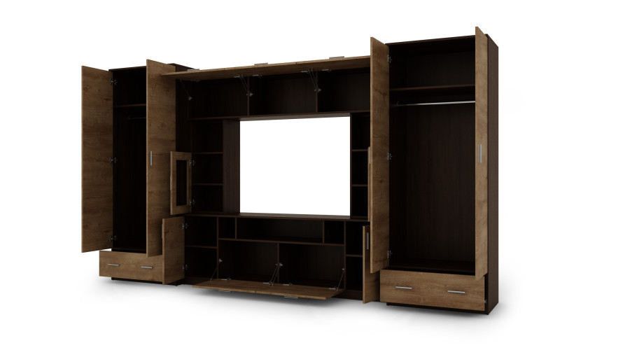 Sieninė spintelė su praplatinimais, didelėmis spintomis ir vieta televizoriui 370 × 210 cm Sonoma Ciemna / Dąb Lefkas – TAIGA - Paveikslėlis 3