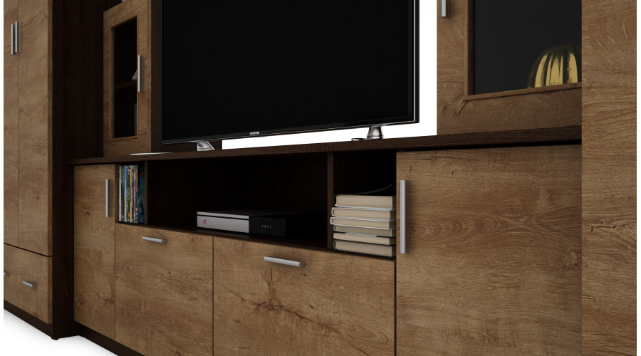 Sieninė spintelė su praplatinimais, didelėmis spintomis ir vieta televizoriui 370 × 210 cm Sonoma Ciemna / Dąb Lefkas – TAIGA - Paveikslėlis 5