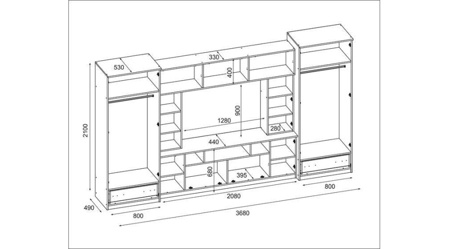 Sieninė spintelė su praplatinimais, didelėmis spintomis ir vieta televizoriui 370 × 210 cm Sonoma Ciemna / Dąb Lefkas – TAIGA - Paveikslėlis 6
