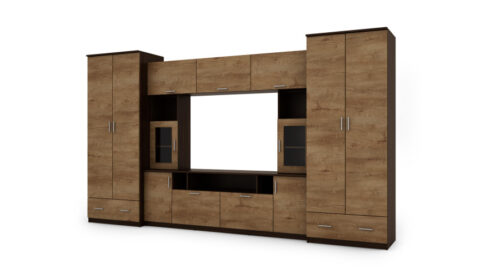 Sieninė spintelė su praplatinimais, didelėmis spintomis ir vieta televizoriui 370 × 210 cm Sonoma Ciemna / Dąb Lefkas – TAIGA