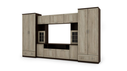 Sieninė spintelė su praplatinimais, didelėmis spintomis ir vieta televizoriui 370 × 210 cm TSonoma Ciemna / Sonoma Jasna – TAIGA