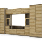 Sieninė spintelė su praplatinimais, didelėmis spintomis ir vieta televizoriui 370 × 210 cm Sonoma Jasna / Dąb Grand Naturalny – TAIGA