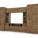 Sieninė spintelė su praplatinimais, didelėmis spintomis ir vieta televizoriui 370 × 210 cm Sonoma Jasna / Dąb Lefkas – TAIGA