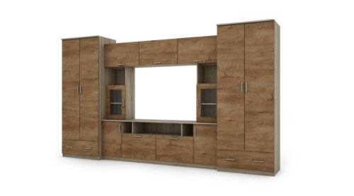 Sieninė spintelė su praplatinimais, didelėmis spintomis ir vieta televizoriui 370 × 210 cm Sonoma Jasna / Dąb Lefkas – TAIGA