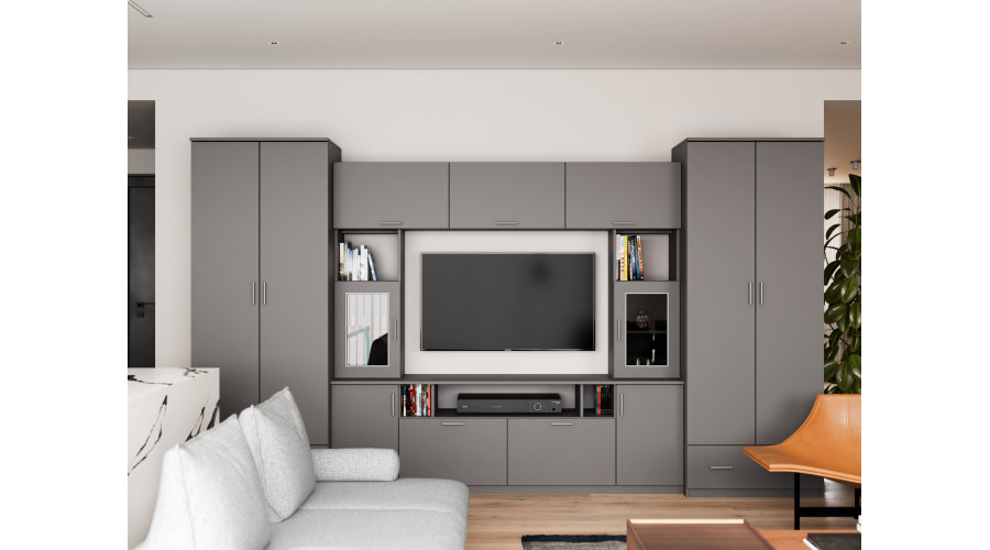 Sieninė spintelė su praplatinimais, didelėmis spintomis ir vieta televizoriui 370 × 210 cm, Szary Grafit – TAIGA - Paveikslėlis 2