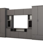 Sieninė spintelė su praplatinimais, didelėmis spintomis ir vieta televizoriui 370 × 210 cm, Szary Grafit – TAIGA