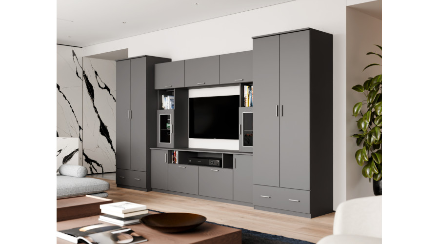 Sieninė spintelė su praplatinimais, didelėmis spintomis ir vieta televizoriui 370 × 210 cm, Szary Grafit – TAIGA - Paveikslėlis 3