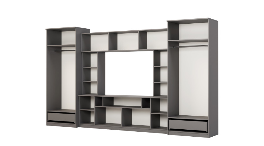 Sieninė spintelė su praplatinimais, didelėmis spintomis ir vieta televizoriui 370 × 210 cm, Szary Grafit – TAIGA - Paveikslėlis 4