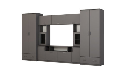 Sieninė spintelė su praplatinimais, didelėmis spintomis ir vieta televizoriui 370 × 210 cm, Szary Grafit – TAIGA
