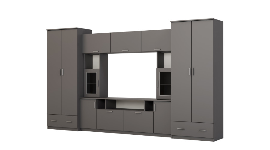 Sieninė spintelė su praplatinimais, didelėmis spintomis ir vieta televizoriui 370 × 210 cm, Szary Grafit – TAIGA